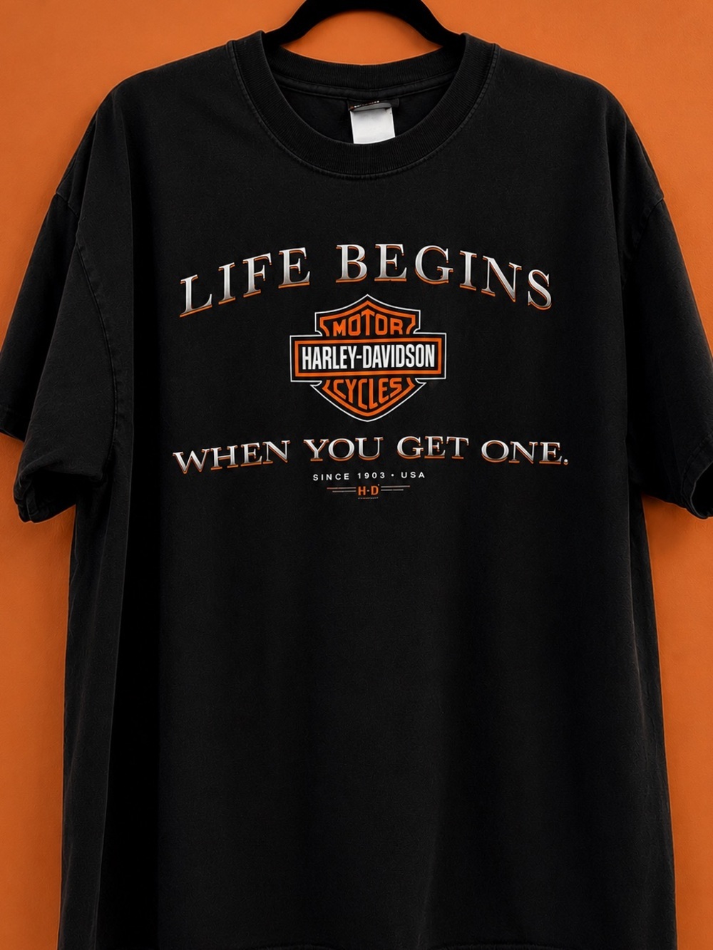 Harley-Davidson Black Short Sleeve 'Life Begins' Graphic Tee with Orange Logo